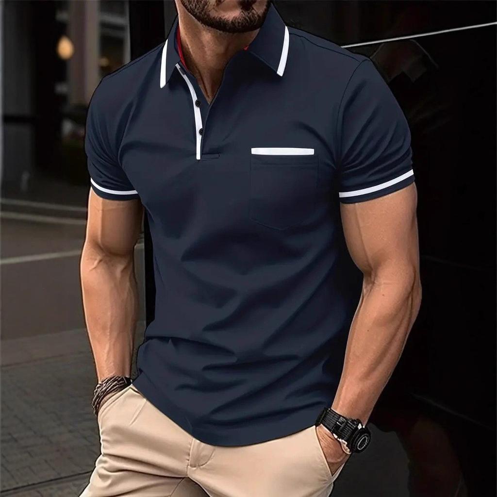 Men Clothes Summer Casual Short Sleeve Lapel Golf Polo Shirt Pocket Stitching Tops Polo Shirt