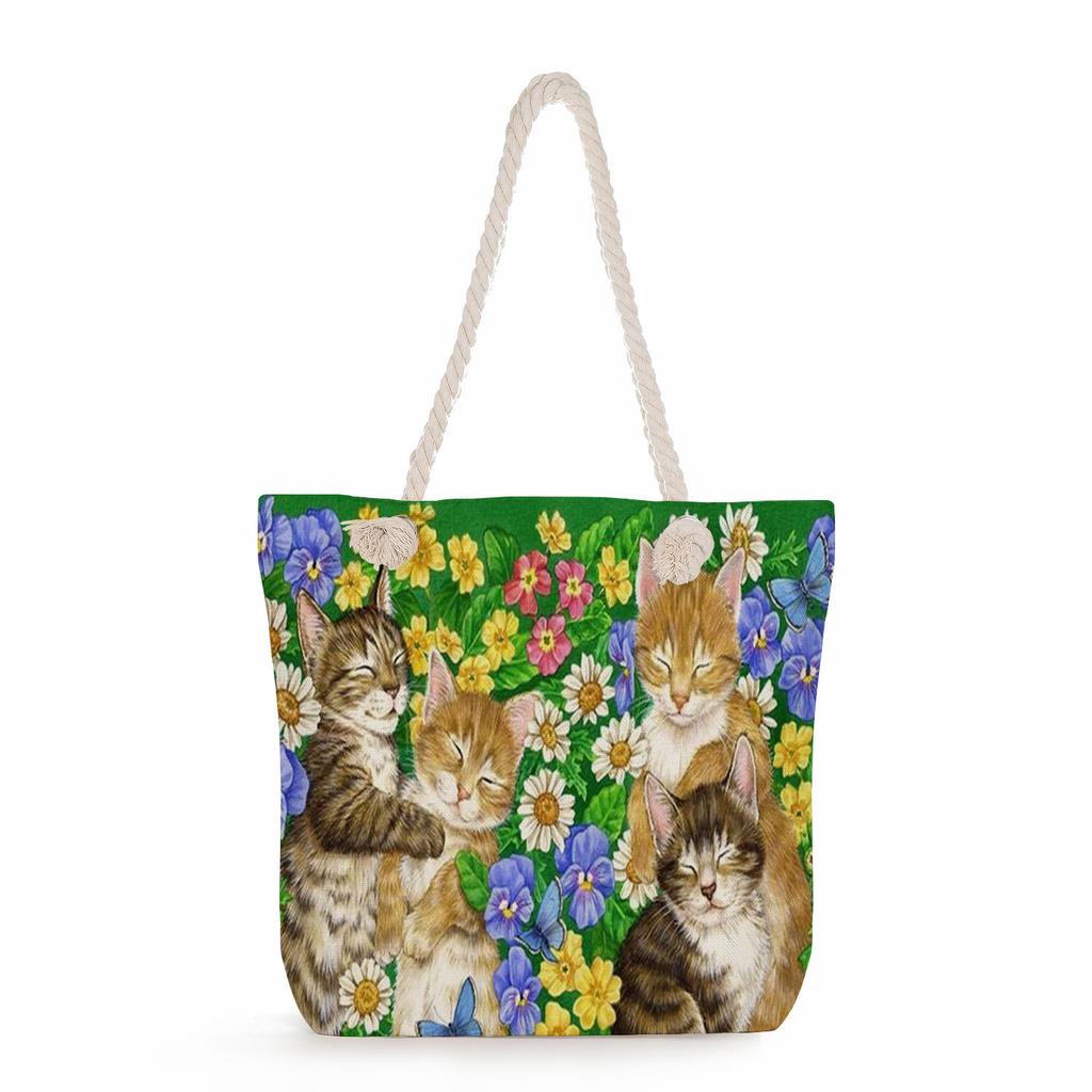 Cat print thick rope single-shoulder beach bag 7228