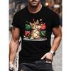 European Sizes 1pc Plus Size Men's Casual T-Shirt, Cat with Christmas Lights Graphic Print, Round Neck, Short Sleeve