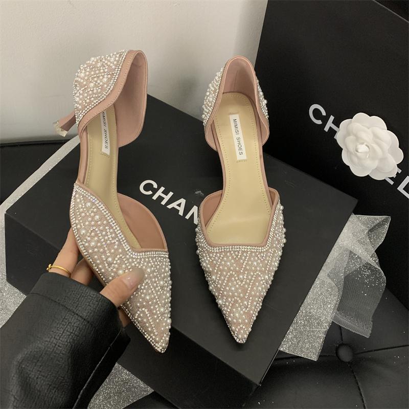 

Fashion French Crystal Diamond Pearl Wedding Shoes Bridesmaid Shoes High Heels Female Pointy Midheel Single Shoes Banquet Mouth 34 розовый