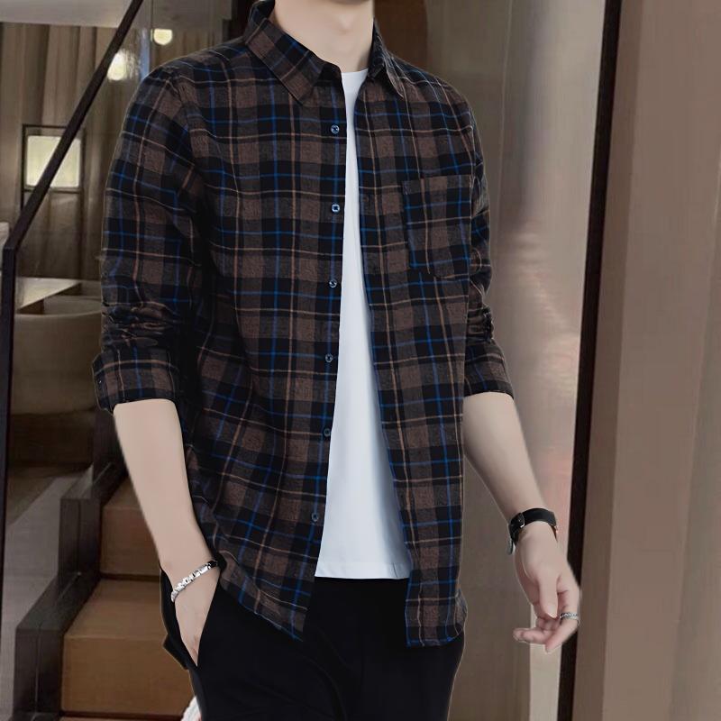 Autumn Men's Business 2024 New Patchwork Square Collar Button Pocket Plaid Fashion Loose Versatile Casual Long Sleeved Shirts