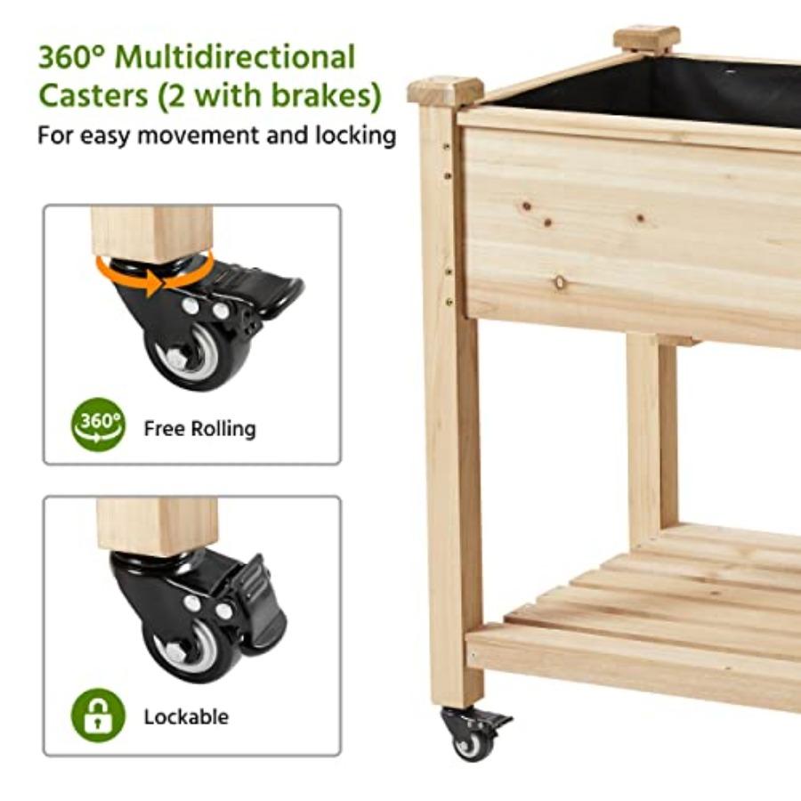 42x23x33in Wooden Raised Garden Bed with Wheels for Growing Herbs and Vegetables Elevated Flower Planter Box in Natural Wood Fi