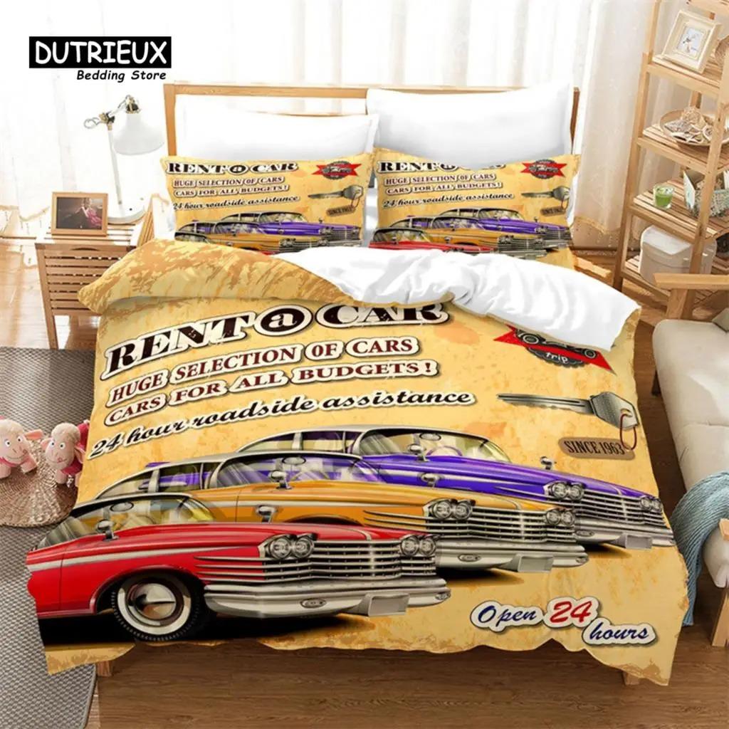 Retro Auto Bettbezug Full Vintage Autos Bettwäsche Set Stadt Gebäude Bettdecke Bezug Kissenbezüge Für Kinder Jungen Teenager Schlafzimmer Dekor