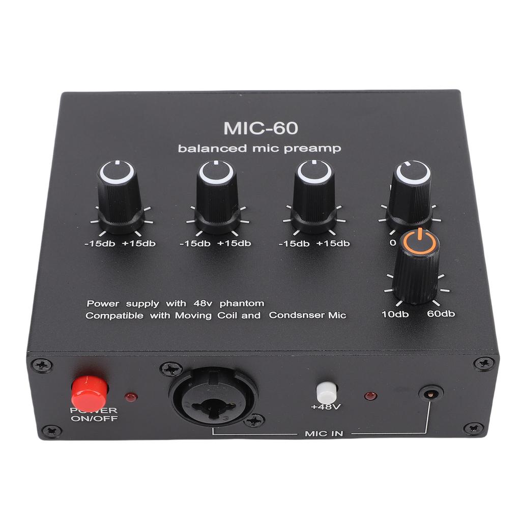 Microphone Preamp 3.5mm 6.5mm XLR Intput Output 60db Gain Condenser and Dynamic Mic Preamplifier with 48V Phantom Power