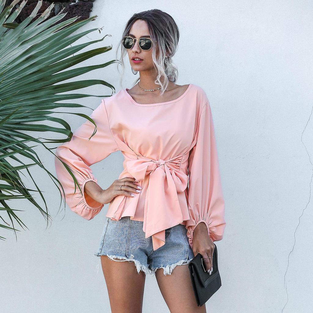 Women Summer Loose Casual Bowknot Bandage Lantern Sleeves Round Neck Blouse