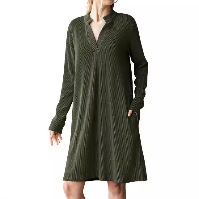 Autumn and Winter Women's V-neck Long-sleeved Loose Dress