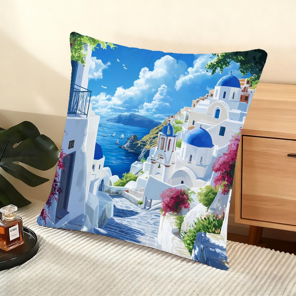 Santorini Landscape Cushion Cover Soft Short Plush Pillow Cover Smooth Cozy Texture Aesthetic Cushion Case Home Decor