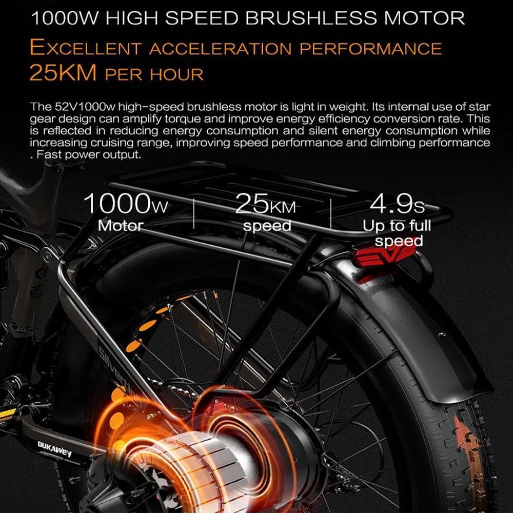 Bicicletta Elettrica Dukawey Silvertip Motore 1000W Full Sospensioni Bici Elettrica per Adulti 52V 20AH Doppi Freni Idraulici Carico Massimo 150Kg