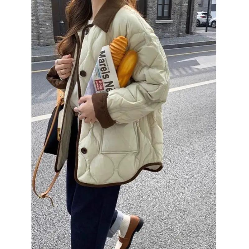 Loose Cotton Jacket Collared Contrasting Short Cotton Jacket Korean Retro Diamond Grid Cotton Jacket Women's New