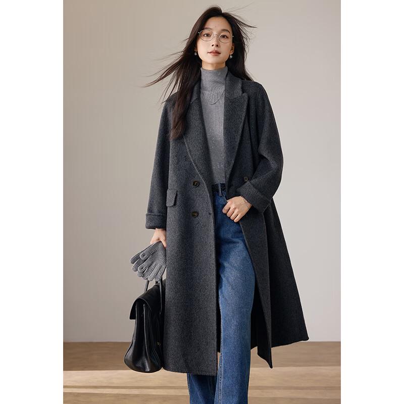 VICTORIA&VERA Women's Double-Breasted Long Woolen Coat