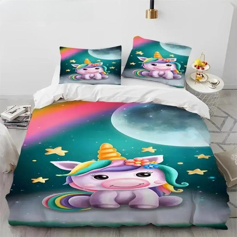 Unicorn Cute Cartoon Comforter Bedding Set,Duvet Cover Bed Set Quilt Cover Pillowcase,Queen Bedding Set For Child Boy Girl Gift