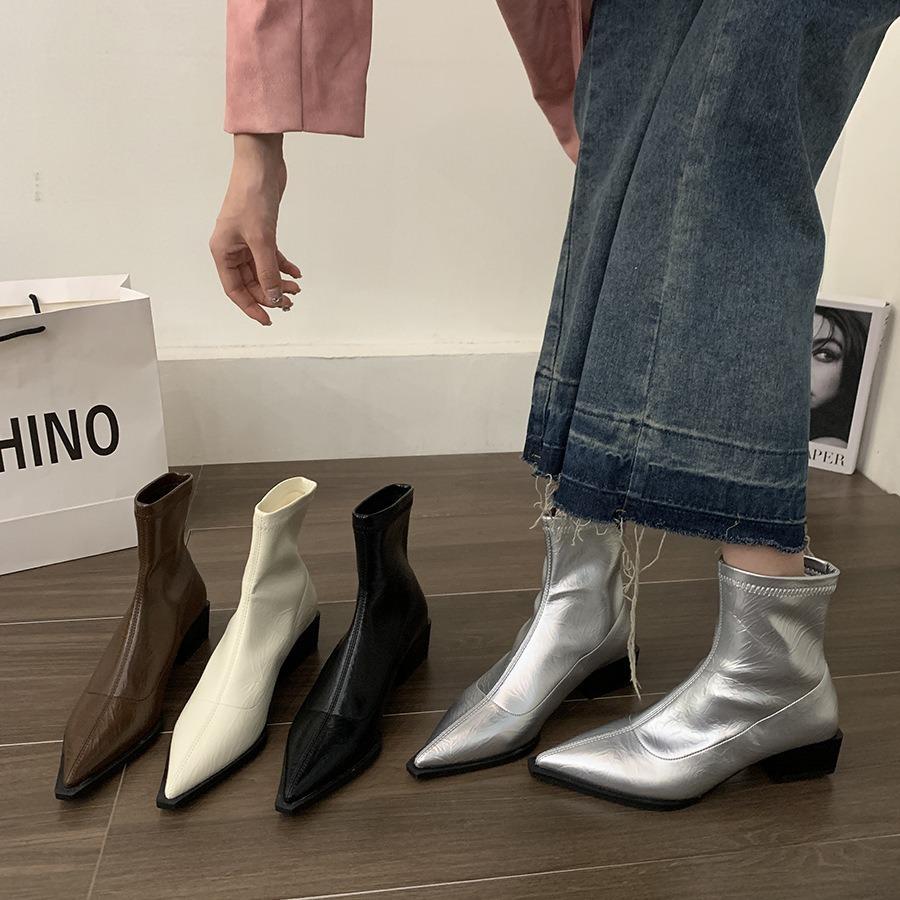 French Fashion Thick Heel Short Boots Women's Shoes 2025 New Spring and Autumn Single Boots Pointed Silver Temperament Thin Boots