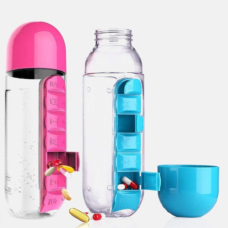 2-in-1 600ml Portable Water Bottle Detachable Large-capacity 7 Day Pill Box Case Weekly Pill