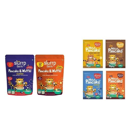 Slurrp Farm No Maida Pancake Mix| Blueberry and Classic Combo- 150g X 2 & Slurrp Farm No Maida Pancake Trial Pack Combo, 50g X 4 300GM