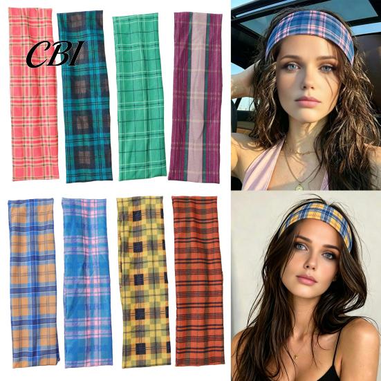 Exercise Sweat Wicking Band American Retro Style Headband, Plaid Print Stretchy Hair Band, Wide Fitness Headband Bundle Design Hot Girl Casual