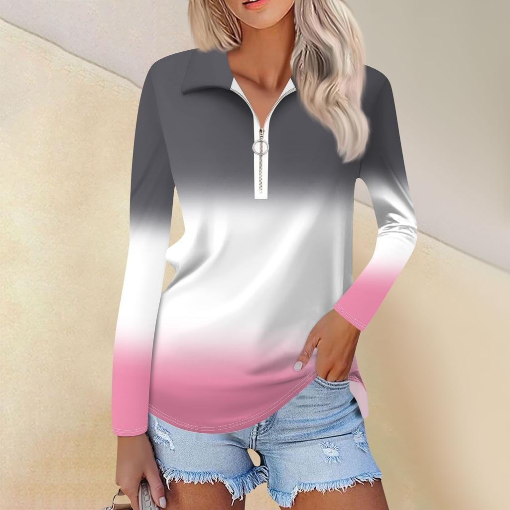 Damen Frühling und Mode Casual Printed Zipper V-Ausschnitt Langarm Shirt Tops