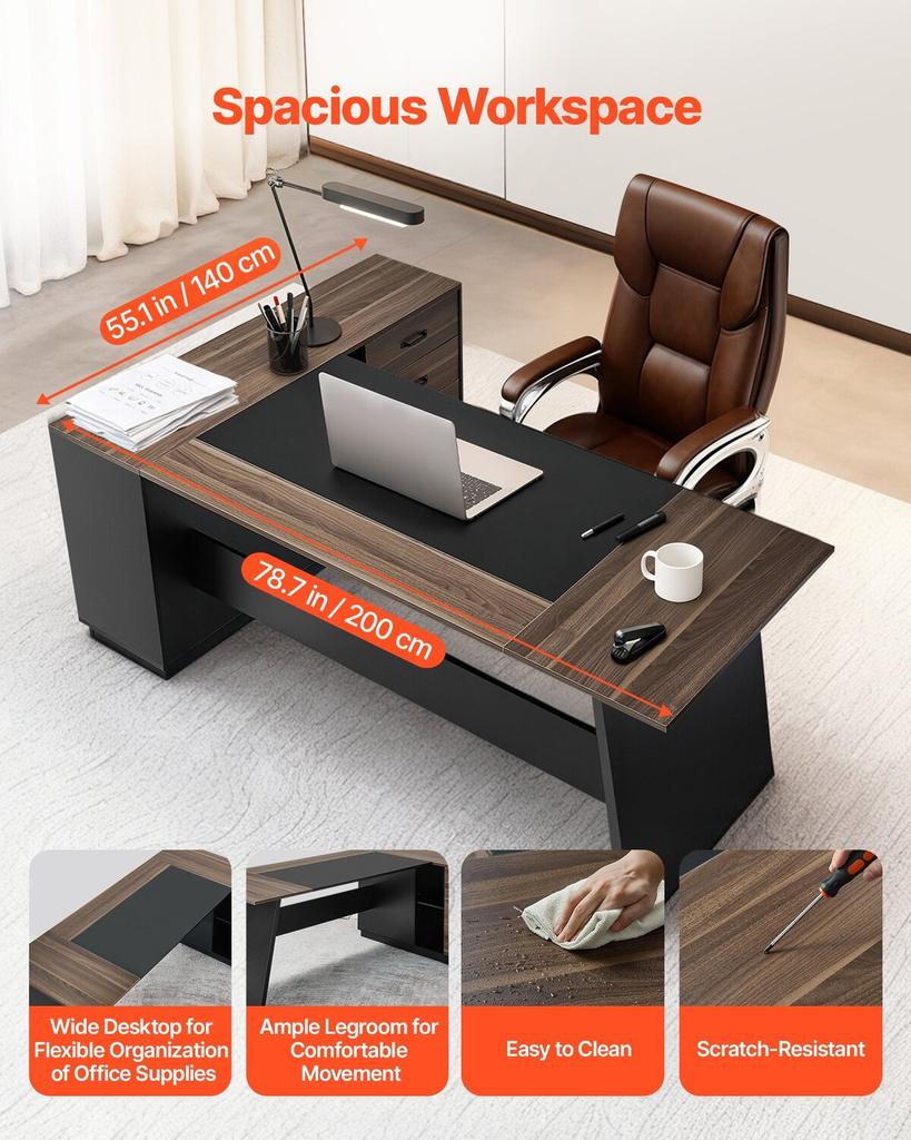 L-Shaped Executive Desk, Large Modern Office Table with Drawers and Storage Cabinet, Heavy Duty Wooden Executive Table, 158.7 KG Load Capacity, Easy