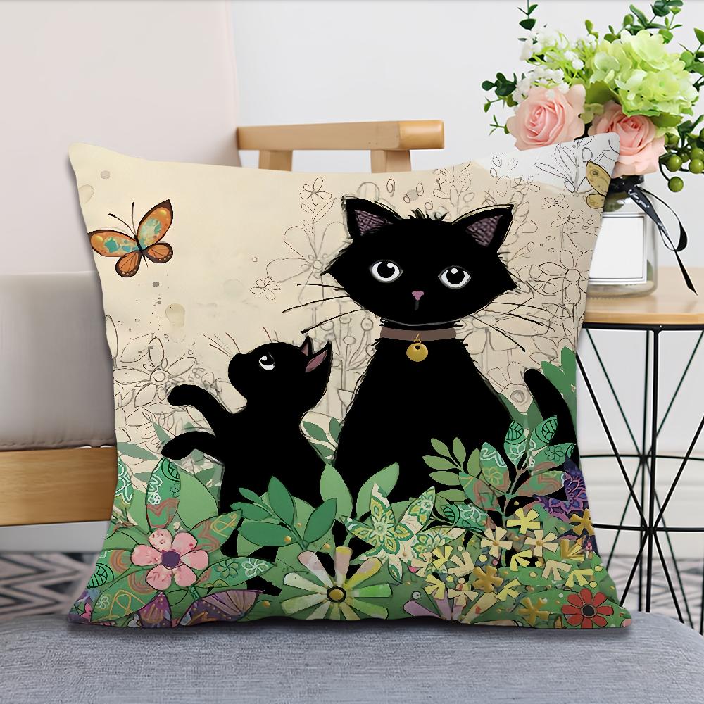 Funda de Almohada vintage francesa suave Cómoda gato negro caricatura para Sofá Sala de estar gato Habitación Hogar oficina Decoración Retro Cubierta Protectora