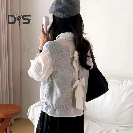 Women Knitted Vest Round Neck Sleeveless Crop Tank Back Bow Tie Decor Hollow Back Solid Color Sweater Vest