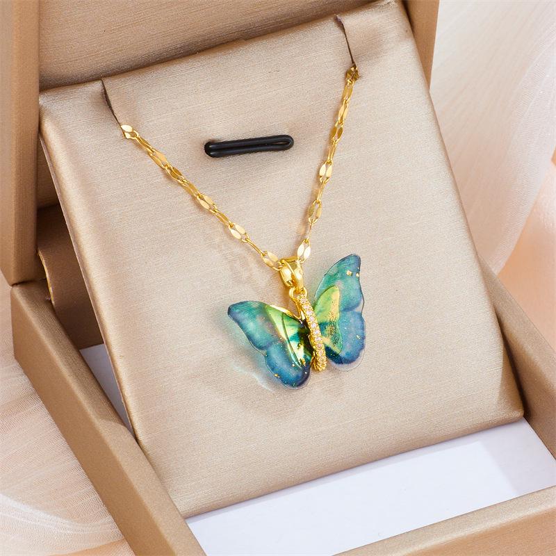 Colorful Butterfly Pendant Clavicle Necklace for Women - Trendy, Fashionable, and Luxurious Titanium Steel Accessory