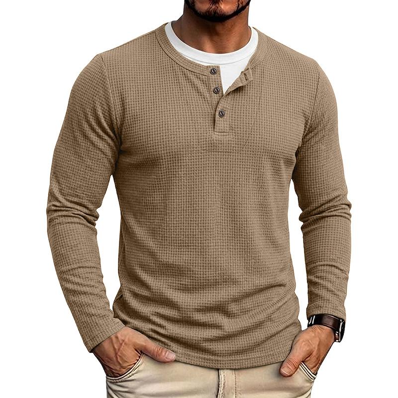 Herbst Winter Herren Fake Two-Piece Langarm Henley T-Shirt Waffel Casual Basisschicht T-Shirts Amerikanischer Stil Oberteile