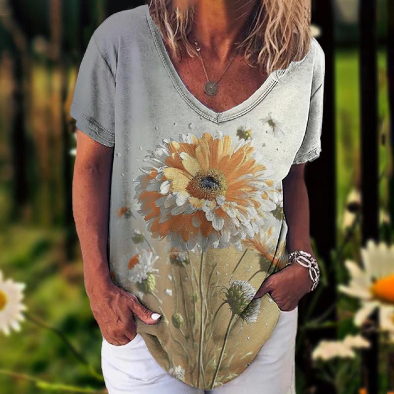 

Новинка 2023 года, женская футболка, летние винтажные топы с цветочным принтом, повседневная блузка с v-образным вырезом, модный женский пуловер большого размера, женская одежда 6XL
