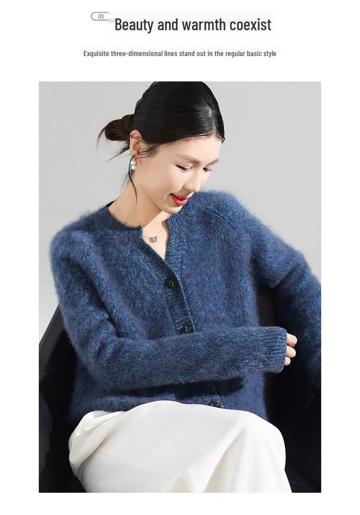 Women's 100% Pure Wool Brushed Round Neck Cardigan Sweater - Autumn Style