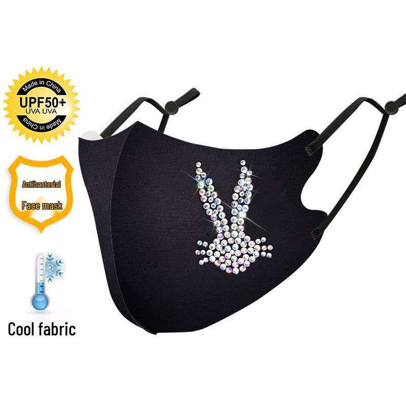 

Цветная маска для лица из ледяного шелка со стразами в виде кролика - Многоразовая, пылезащитная защита для женщин One Size