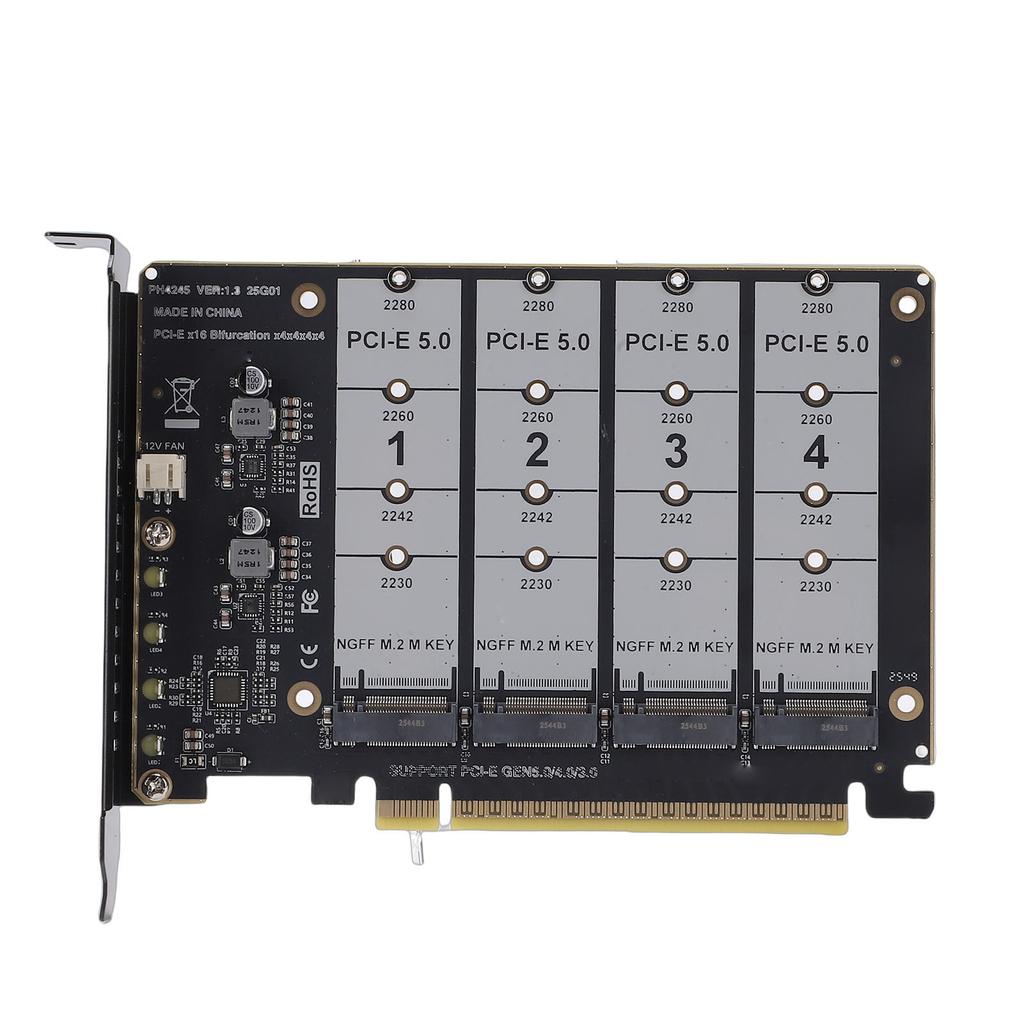 M.2 PCIE 5.0 Adapter Card 4 Port M.2 NVMe SSD To PCIE X16 M Key Hard Drive Converter Reader PC Internal Expansion Card 4x128Gbps