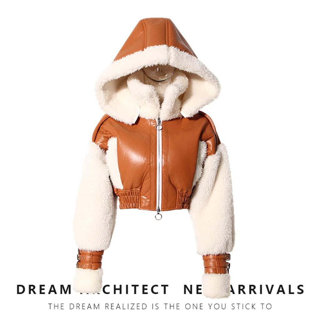 Dámská zimní retro motorkářská bunda s kapucí z jehněčí vlny - Kabát s kontrastním prošíváním