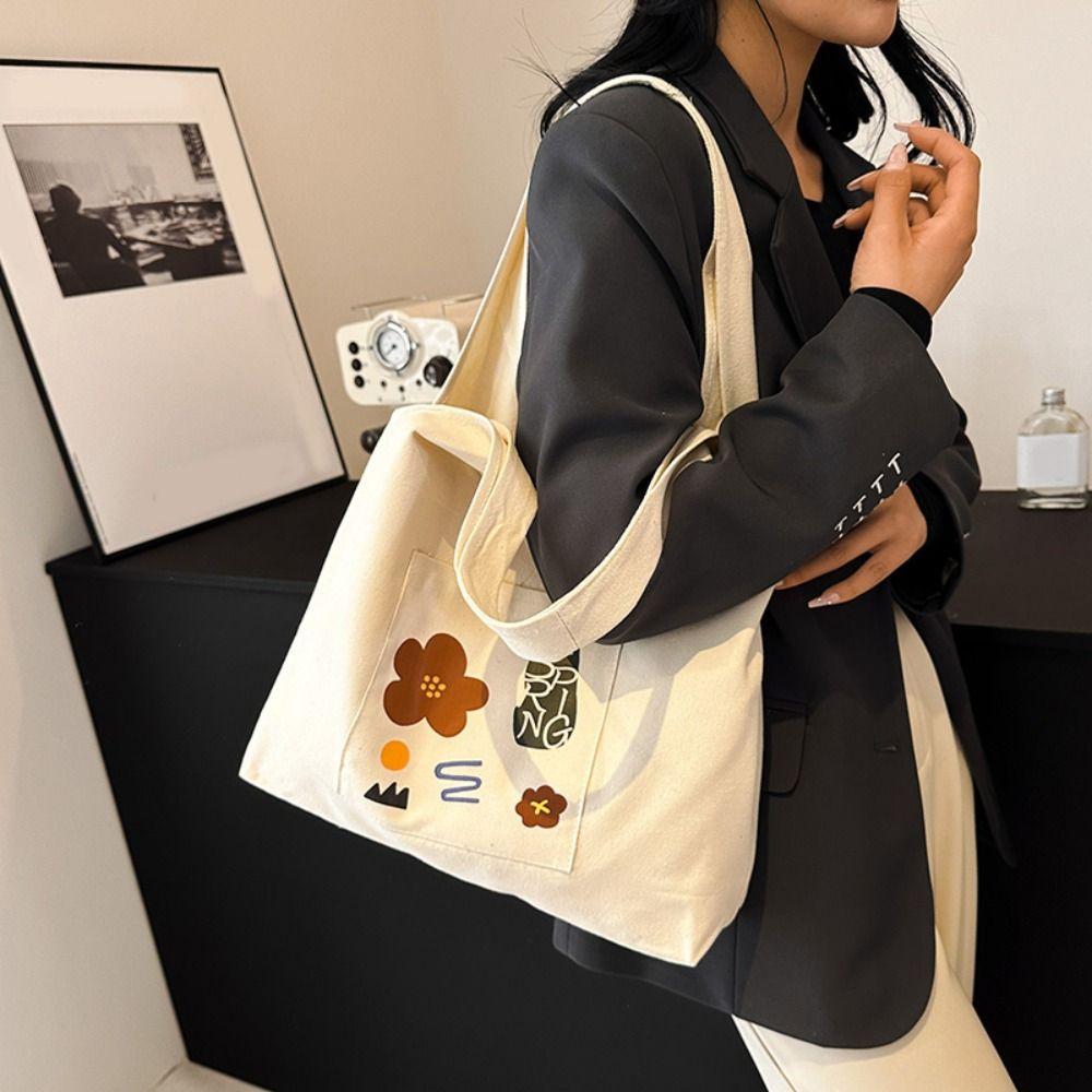 Korean Style Canvas Shoulder Bag Large Capacity Women's Armpit Bag Cute Flower Tote Bag Girls