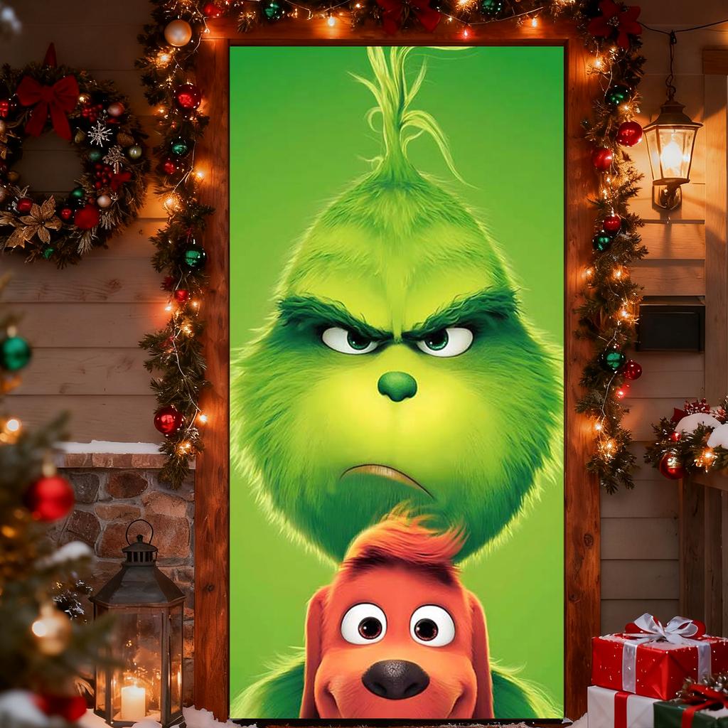 Capa de Porta de Natal Pano Decorativo Pendurado Capa de Porta Verde Cortina de Porta de Natal Tapeçaria de Ano Novo Fundo de Capa de Porta