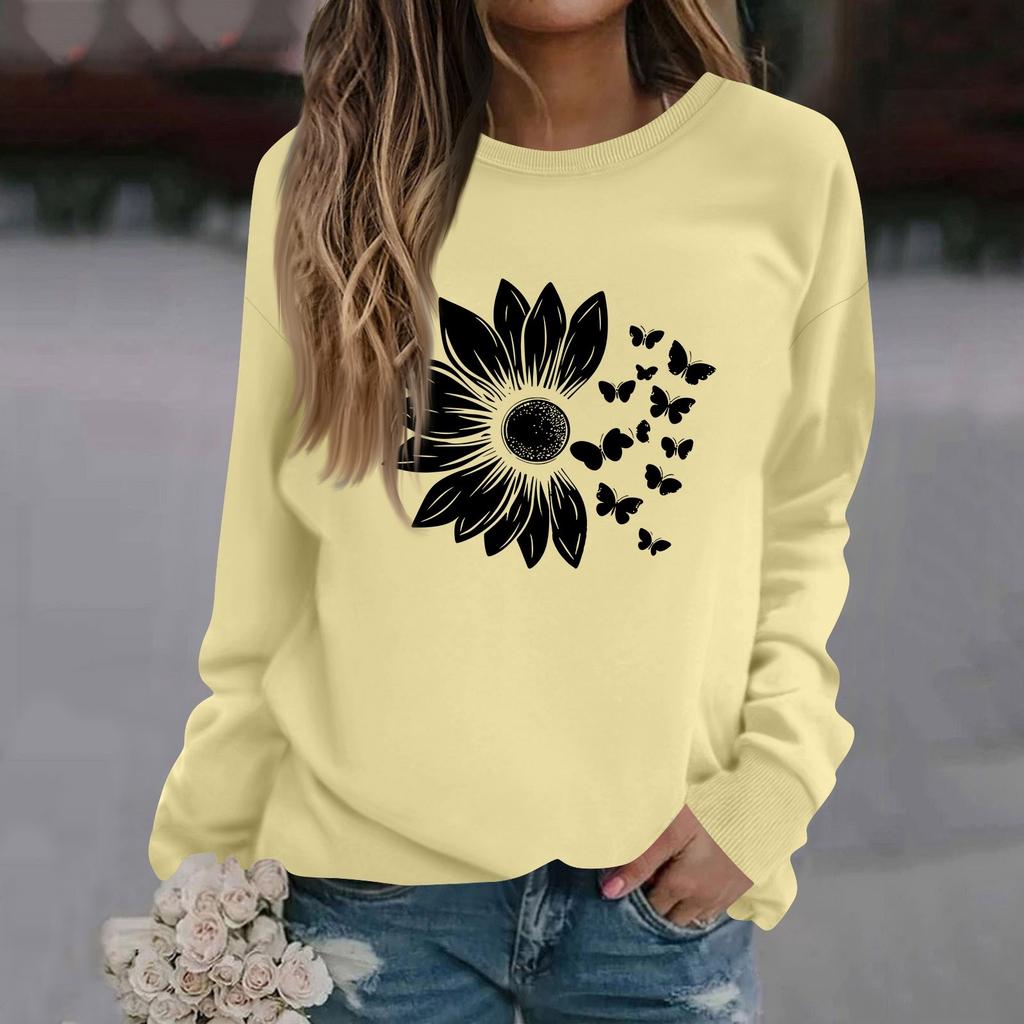 Women's Fashion Casual Long Sleeve Solid Color Printed Round Neck Top Sweatshirt