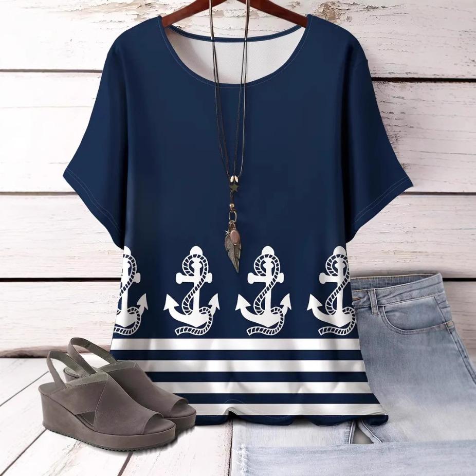 Tricou cu mânecă scurtă și gât rotund mărime plus XL-7XL pentru femei, topuri imprimate 3D cu model de ancoră de barcă
