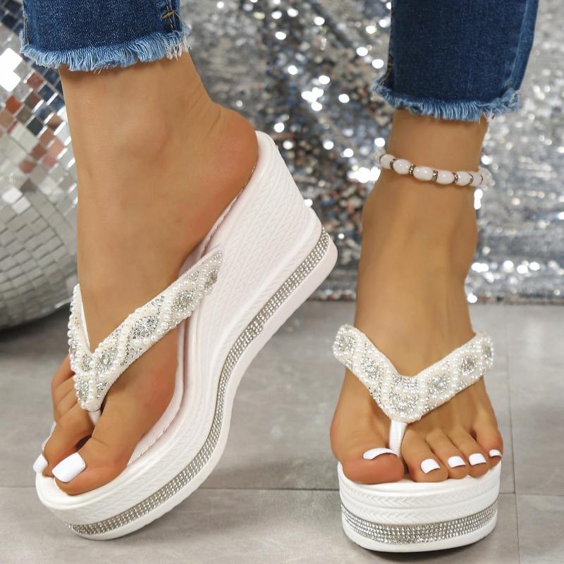 Luxus Leichte Strass Damen Flip-Flops Dicke Sohle Höhenverstellend Sommerlich Lässig Außen-Slipper, Damenschuhe
