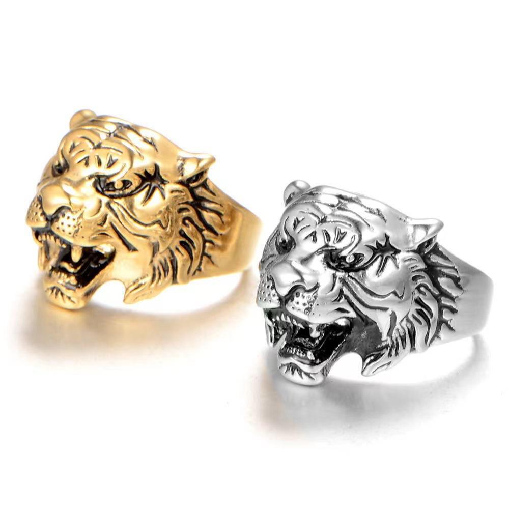 Retro Tiger Head Ring for Men Antique Gothic Adjustable Open Ring Alloy Zinc Alloy Plated Zircon Punk Rock Hiphop Accessories Gift