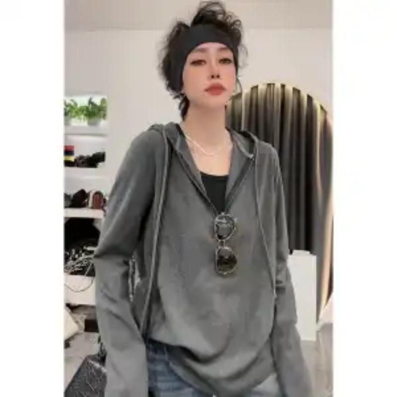 Reines Baumwoll-Midilanges Kapuzen-Langarm-T-Shirt Damen Frühling Hüftbedeckendes Uni-Oberteil Trendy