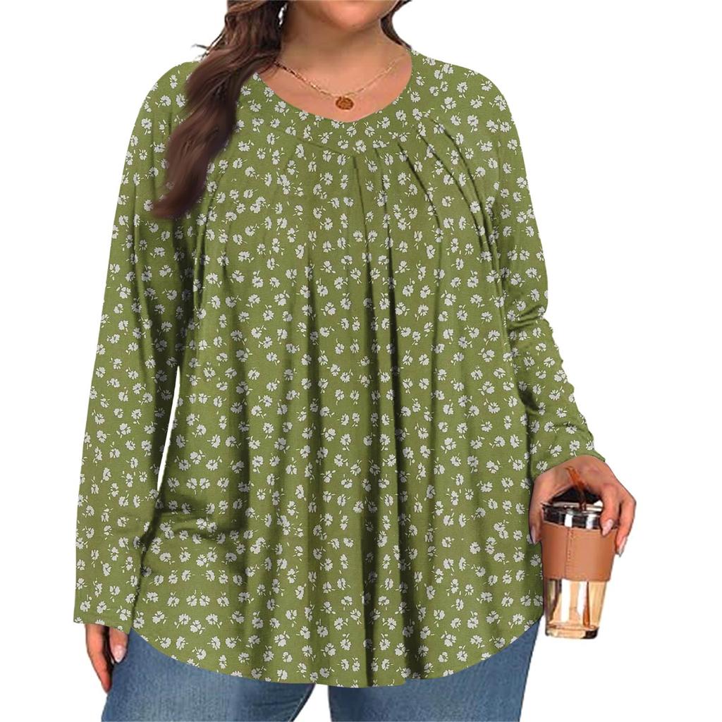 Dámská móda plus size Tištěný ležérní plisovaný top s kulatým výstřihem a dlouhým rukávem