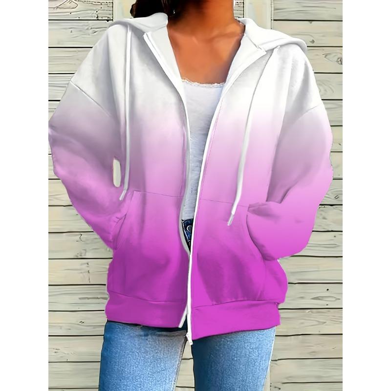 Woman Sweatshirts Simple Gradient Print Long Sleeves Zip Hoodie Autumn Casual Drawstring Design Fashion Women's Hoodie