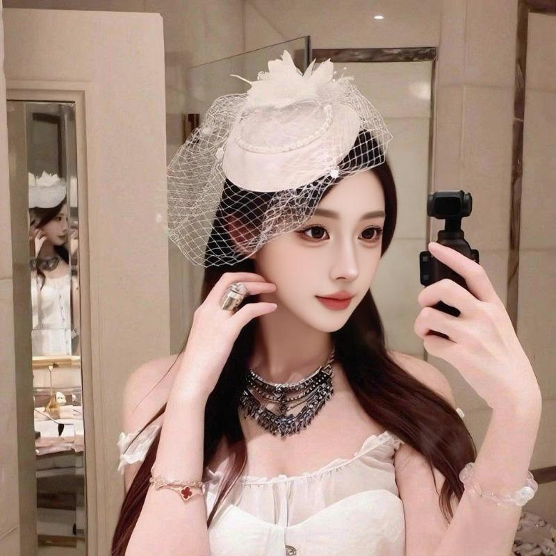 Hepburn-style Noble Lady Netted Pearl Small Hat, Daughter with Delicate Temperament Hairpin, Cheongsam Dress, Hat