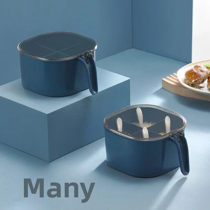 Press Type Four Compartment Transparent Lid Seasoning Box with Spoon for Kitchen