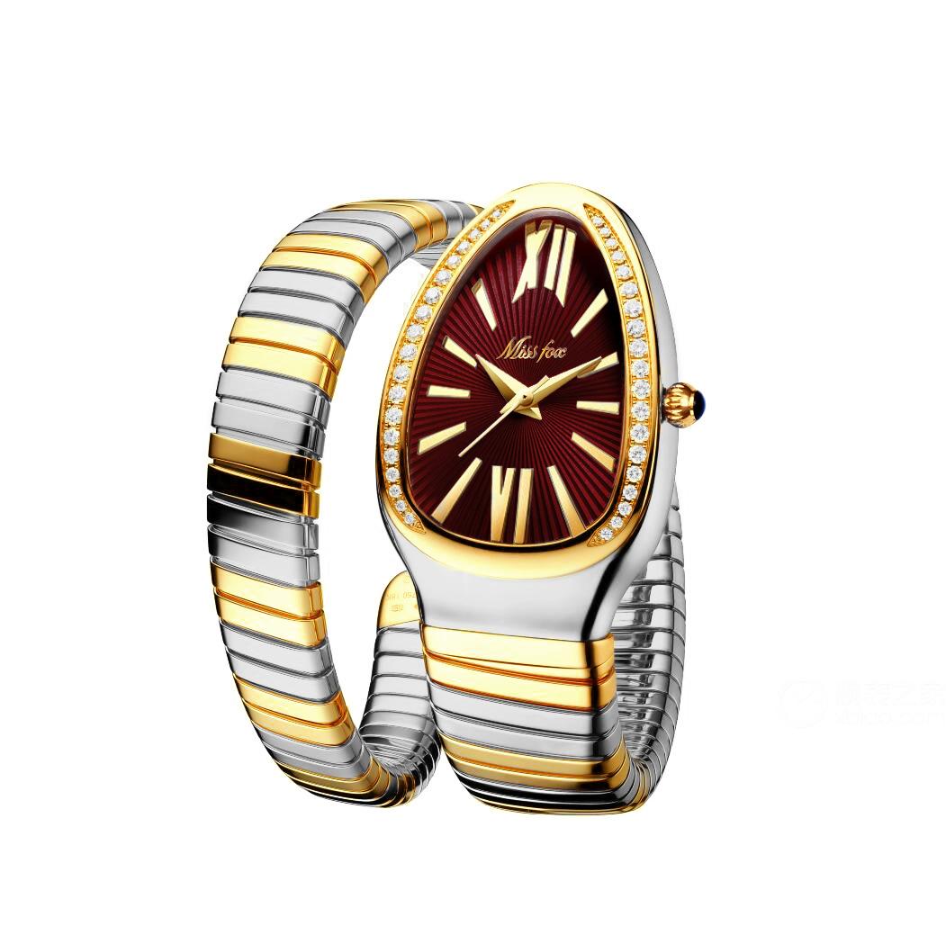 

MISSFOX - Годинник з серпентиновим кварцом Жіночі модні аксесуари Персоналізований браслет-змієголова Годинник з нержавіючої сталі, інкрустований діамантами Жіночий червоний/золотистий
