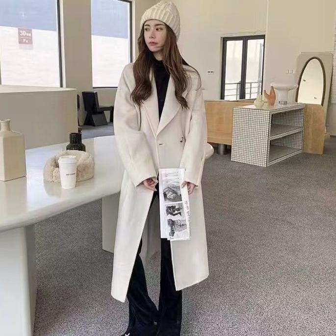 Elegant Woolen Trench Coats Winter Women Vintage Windbreakers Jackets Mid-Length Loose Turn-Down Collar  Cardigans
