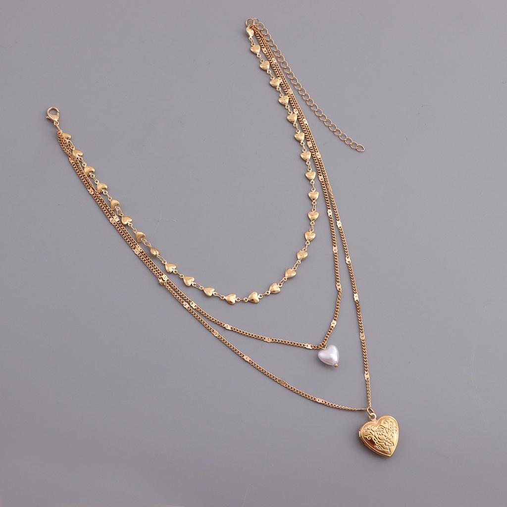 Temperament multi-layer love chain pearl can be opened peach heart pendant necklace female ins wind
