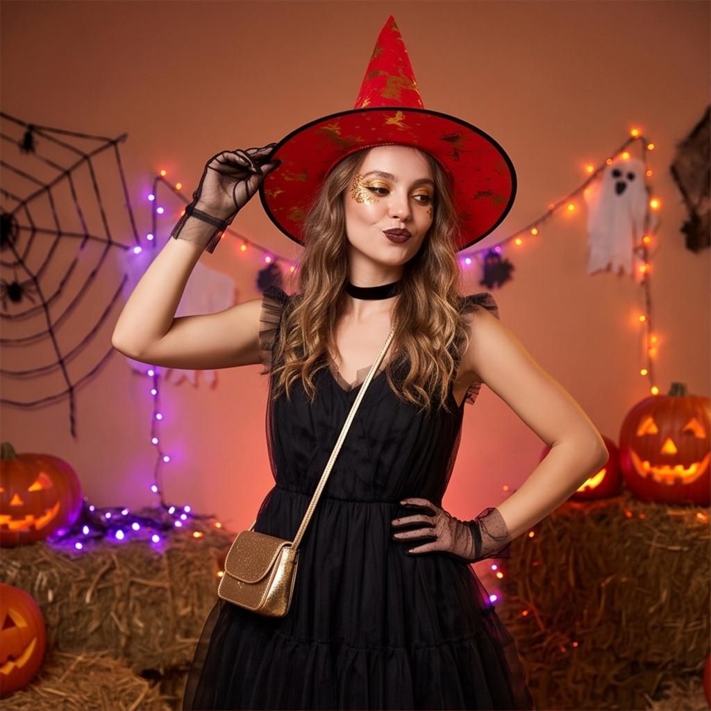 Adult Witch Hat with Gold Foil Pumpkin Design for Halloween Costume Party