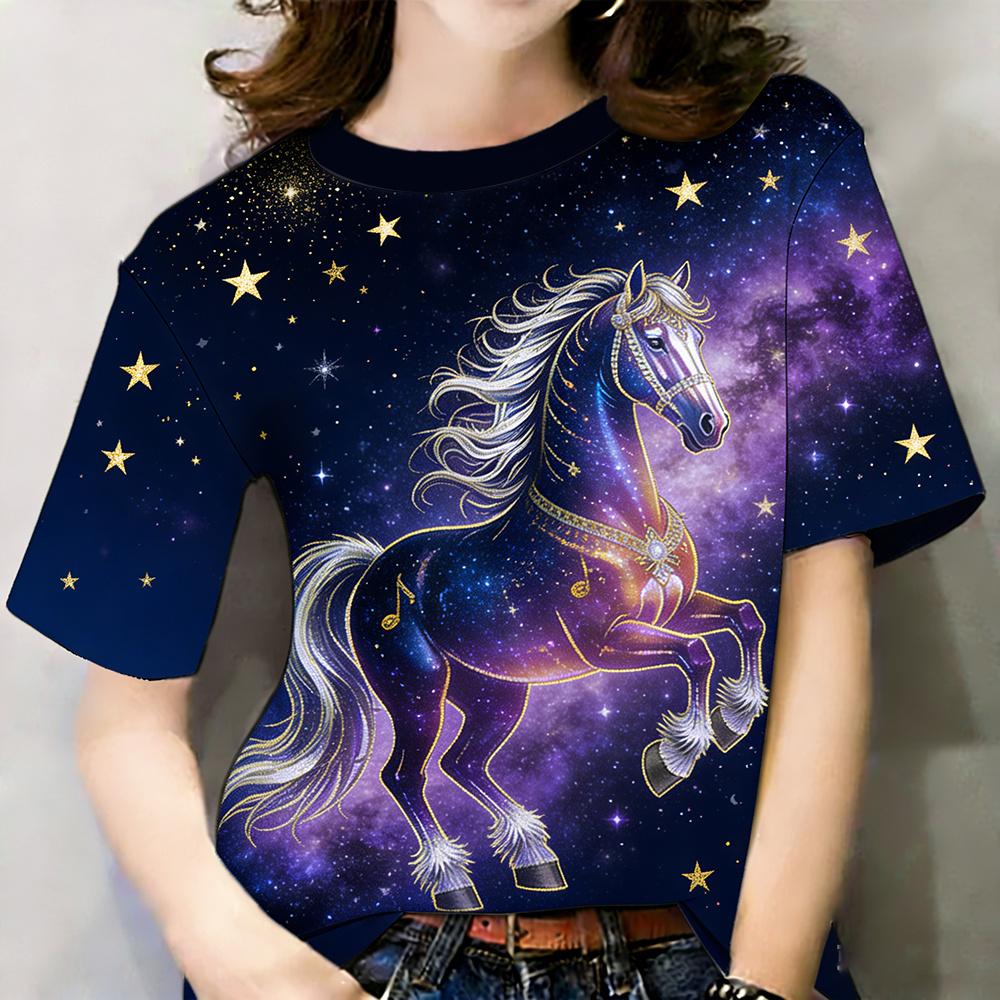 Pferde-Muster T-Shirts Floral 3D-Druck Damen Freizeit O-Ausschnitt Kurzarm T-Shirt Harajuku Lässige T-Shirts Y2k Tops Damenbekleidung