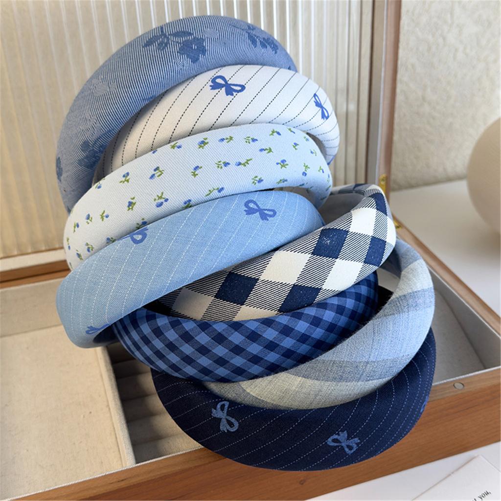 Classic Blue Tartan Sponge Headband For Women Girls Bow Hair Clip Gentle Pressure Free Design School Party Accessory