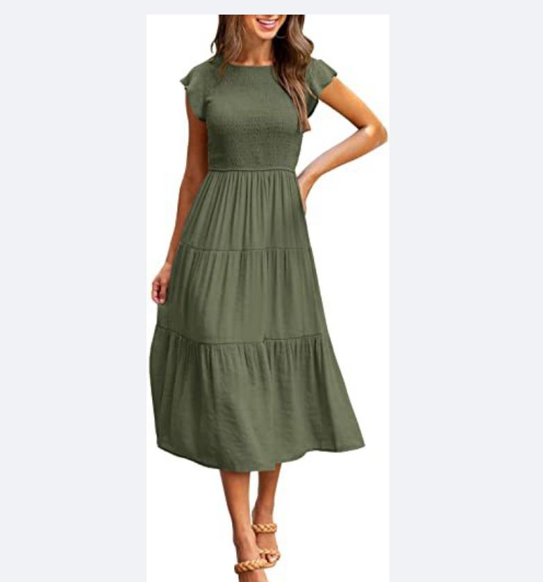 

Women s Short Sleeve Round Neck Tiered Ruffle Dress with Elastic Waist, Multi-Color Options XL армія зелений колір