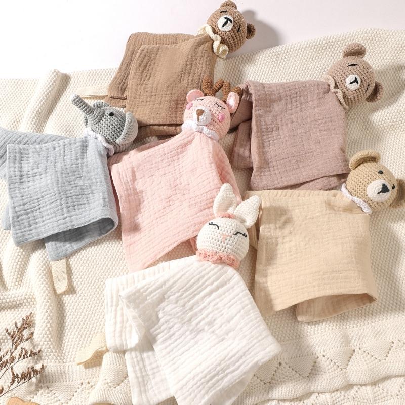 Soft Cotton Baby Comforting Blanket with Adorable Animal Crochet Design Gentle Mood Appease Toy for Infant
