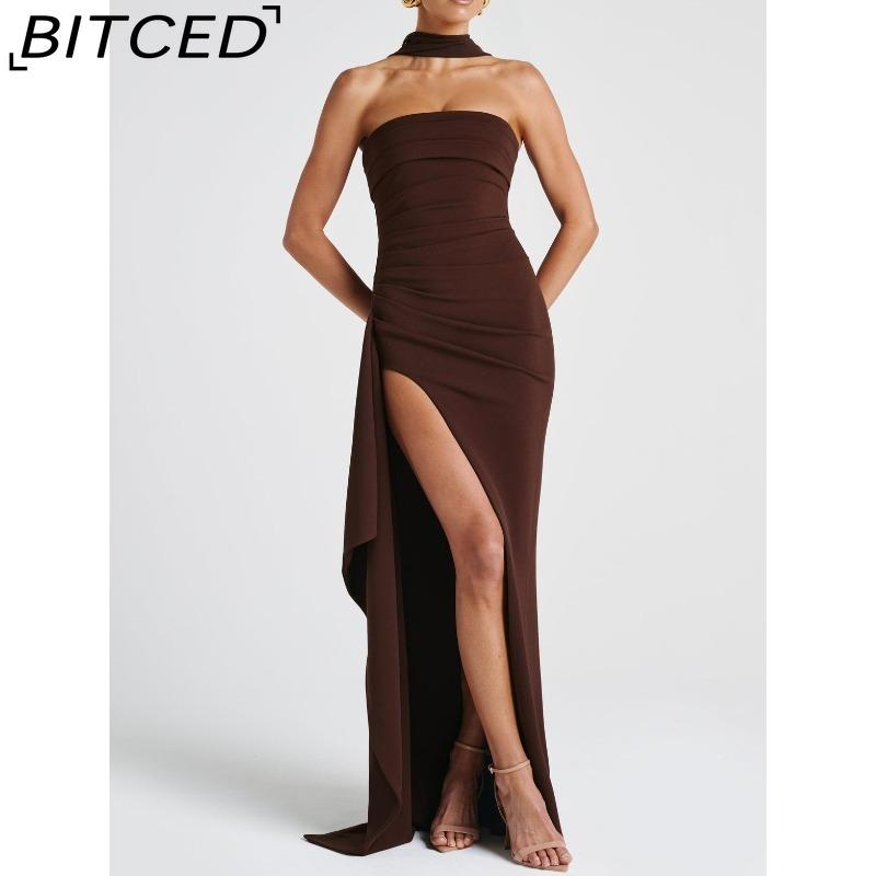 BITCED Women's Strapless Evening Gown Seductive Open-back Dress with High Side Slit Long Party Dress